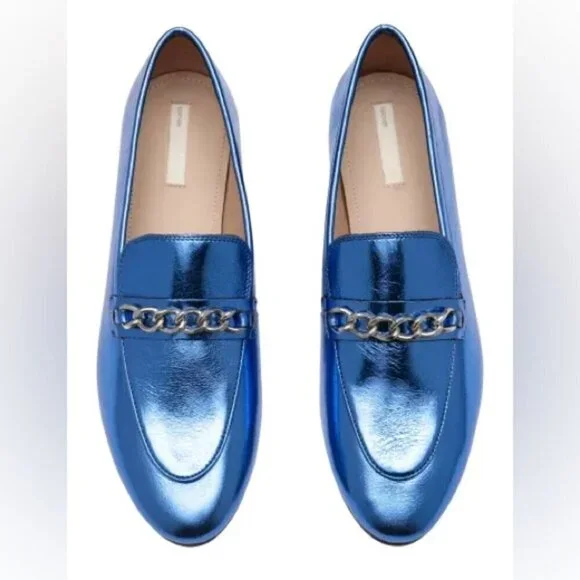 H&M Premium Selection Metallic Blue Leather Loafers Size 39 - Picture 1 of 12